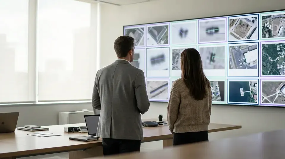 Two people reviewing a wall of labeled aerial photos in an office