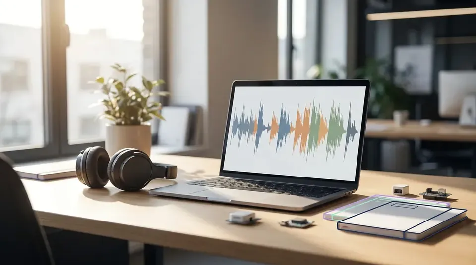 Laptop showing an audio waveform split into segments next to a headset
