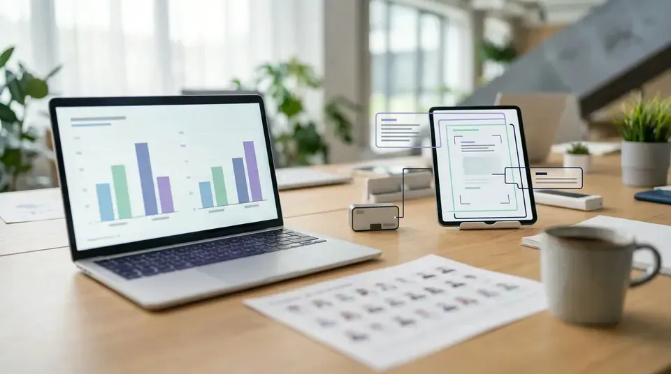 Laptop with simple bar charts on a tidy desk next to a coffee cup