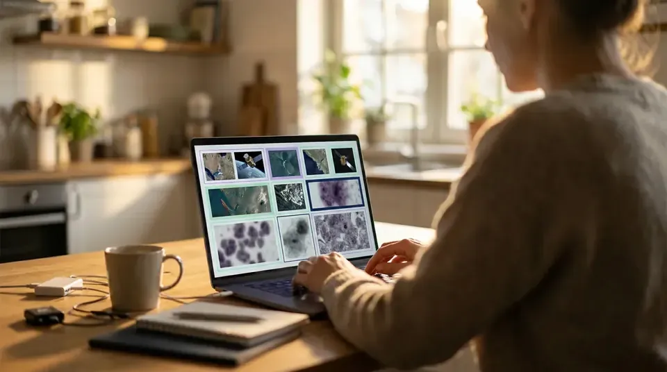 Person at a kitchen table labeling photos on a laptop