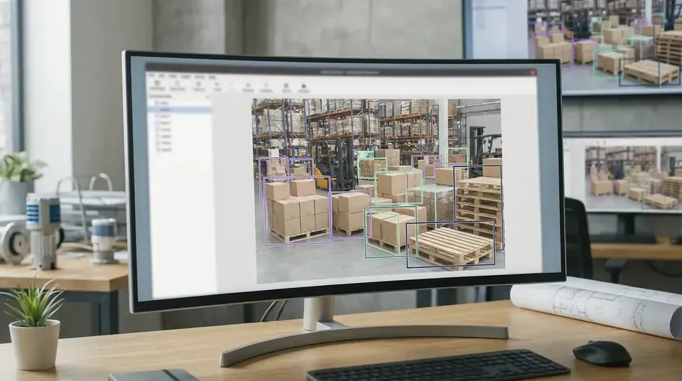 Wide monitor showing labeling software with boxes around warehouse pallets