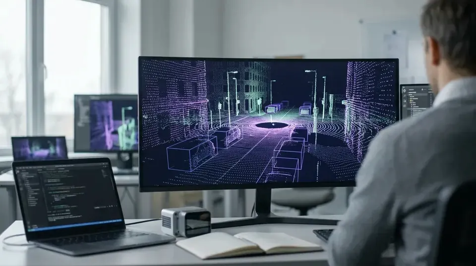 LiDAR point cloud of a city street with 3D boxes around parked cars
