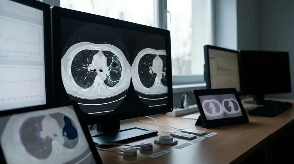 Chest CT scan on a radiology monitor with one region outlined
