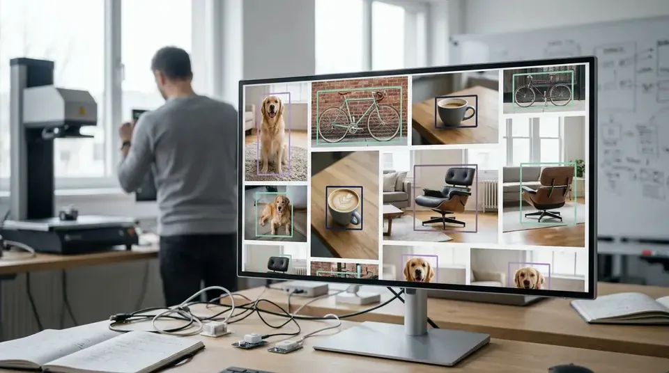 Screen with a grid of everyday photos, each object framed by a box