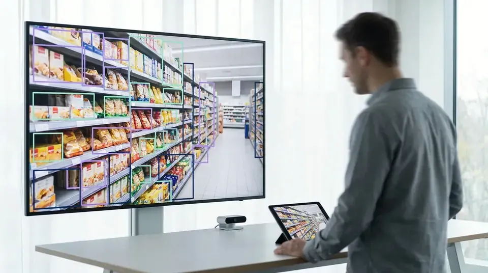 Supermarket shelf photo on a screen with each product outlined