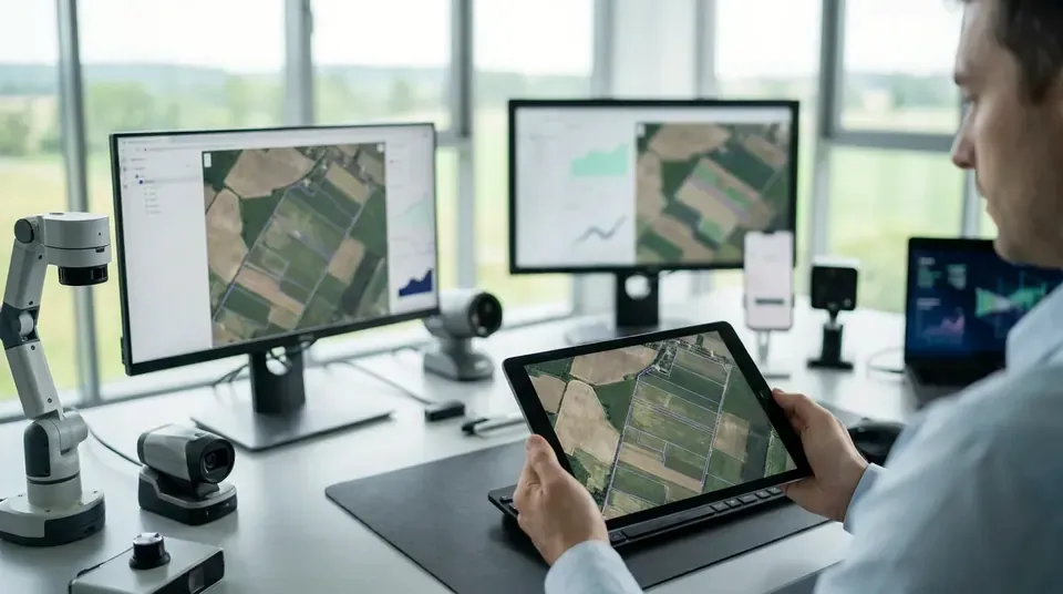 Satellite view of farmland on a monitor with fields outlined