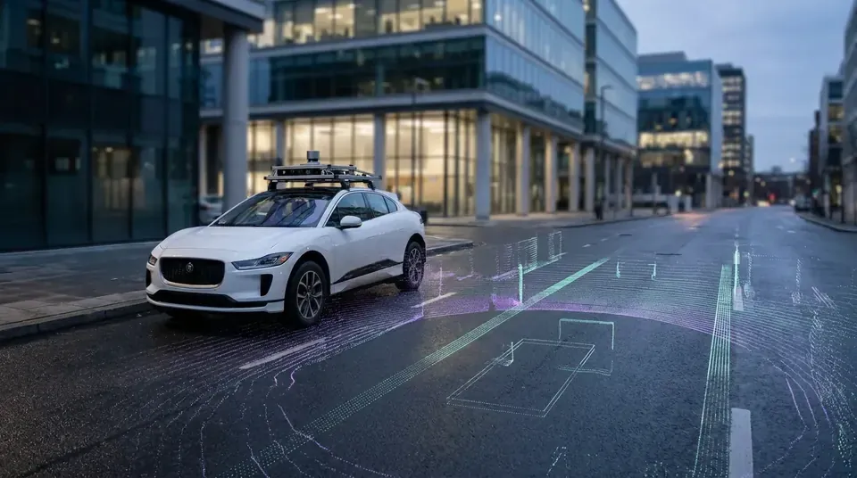 Test car with a roof sensor rack on a city street at dusk
