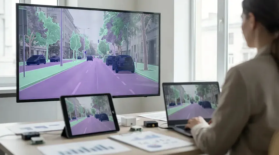 Street photo with the road, cars and trees filled with flat color masks