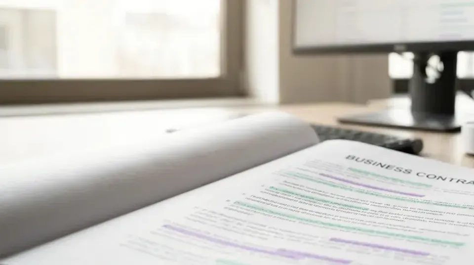 Printed contract on a desk with word groups highlighted in violet and green