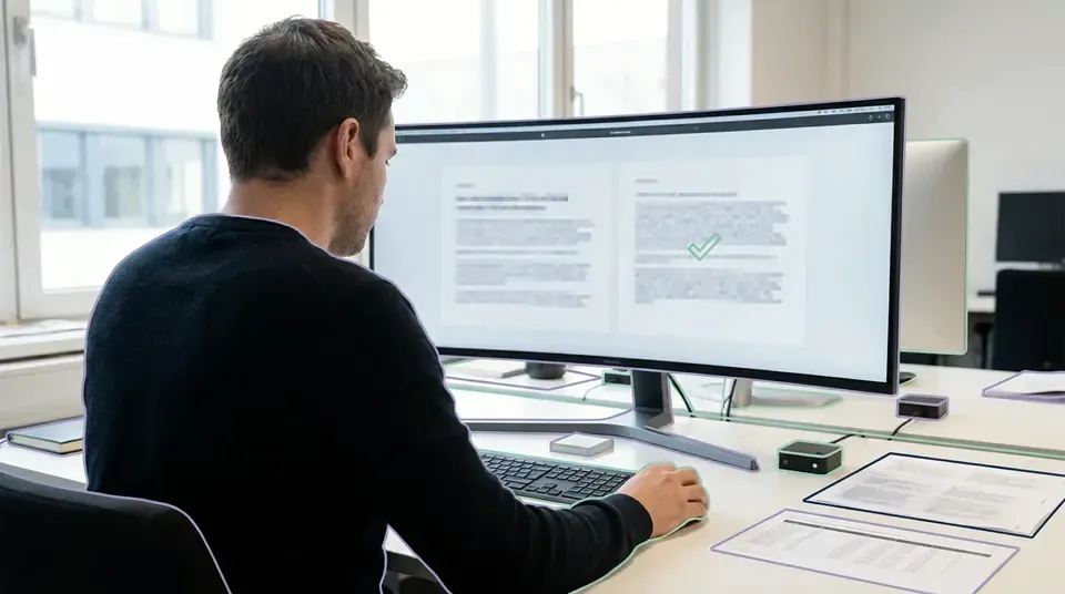 Person comparing two blocks of text side by side on a wide monitor