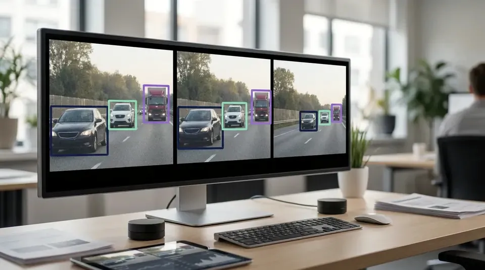 Three dashcam frames side by side with the same cars outlined in each frame